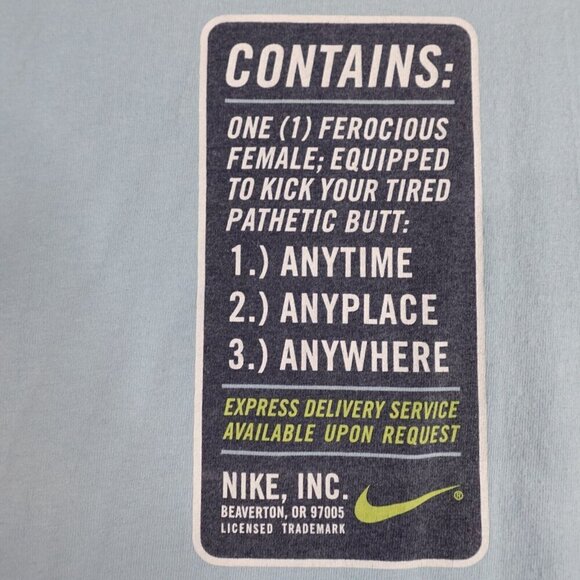 Vintage Nike Shirt Large Blue Double Sided Center Swoosh Back Feminist - Picture 1 of 6